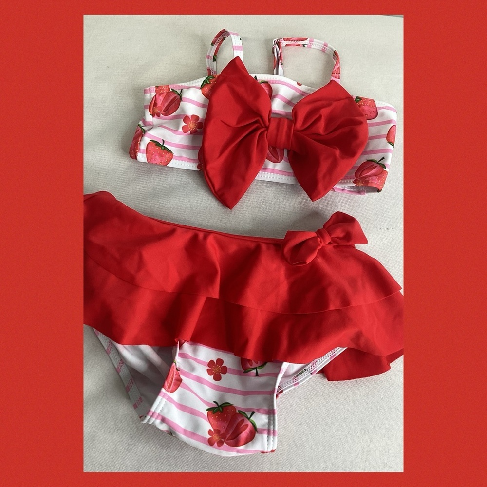 Strawberry with a bow little girl, two-piece swimsuit. 10
